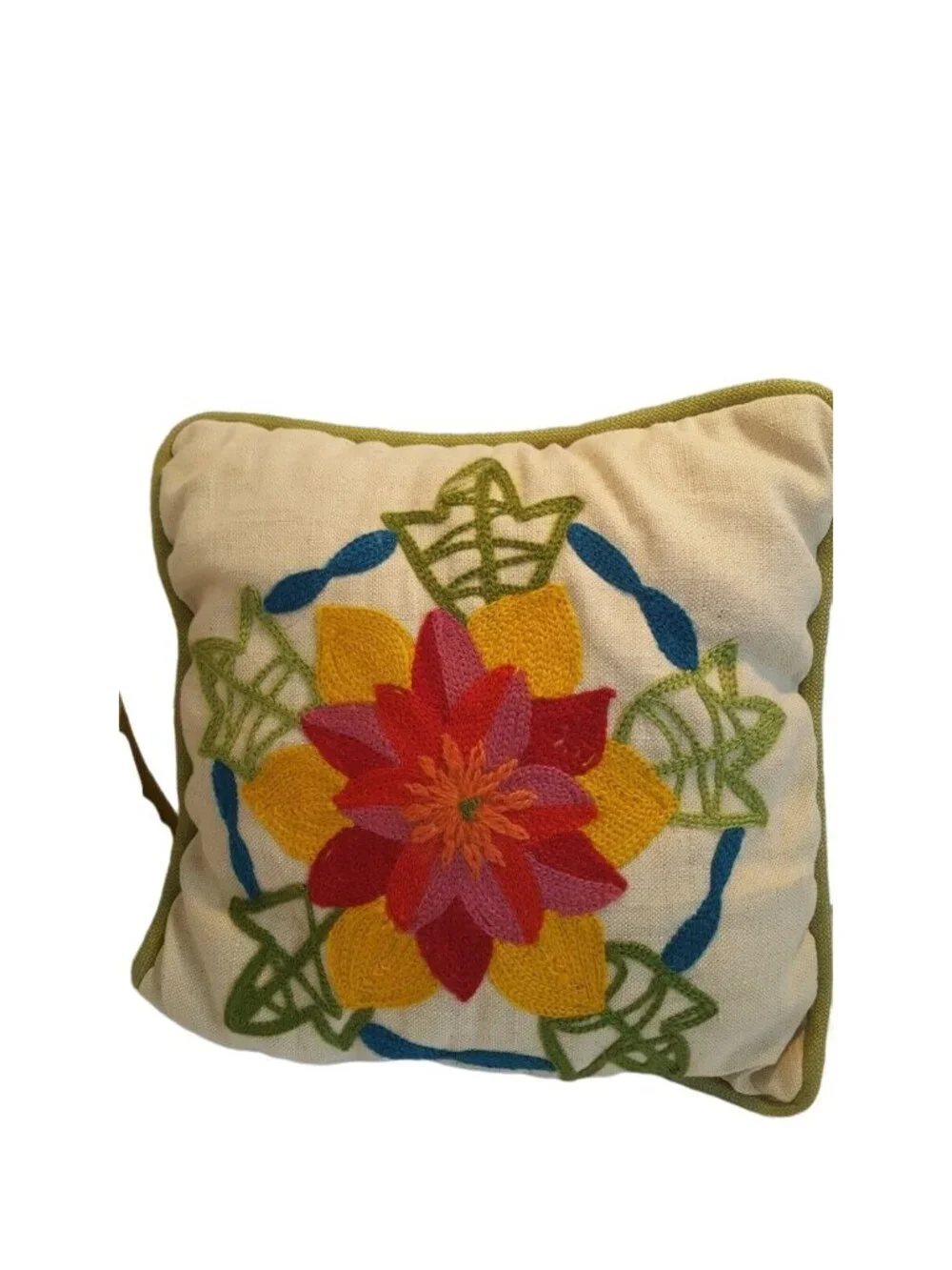 2 Vintage 70s Crewel Embroidered Throw Pillows Floral Avocado Green Harvest Gold
